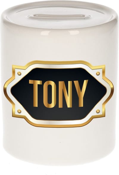 Spaarpot met voornaam Tony - wit - met goud/zwart embleem - 8 x 9 cm - keramiek - met afsluitdop - cadeau verjaardag
