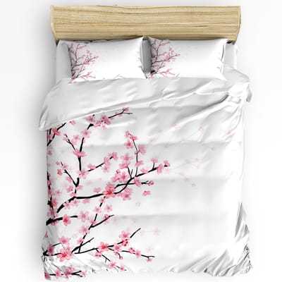 Japanse Stijl Sakura Kersenbloesem Roze Bloem 3-delige Beddengoedset Voor Tweepersoonsbed Hometextiel Dekbedovertrek Quiltovertrek Kussensloop EU single(135x200cm) white