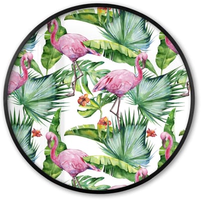 Poster in lijst Rond - Fotolijst 60x60 cm - Posters - Flamingo - Bladeren - Tropisch - Ronde posterlijst zwart - Decoratie - Wanddecoratie woonkamer - Muurdecoratie slaapkamer