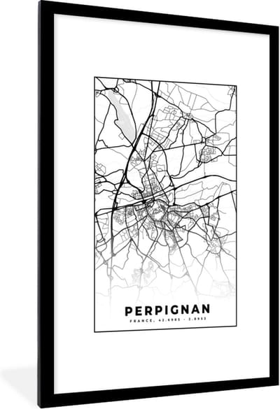 Fotolijst incl. Poster Zwart Wit- Plattegrond - Kaart - Frankrijk - Stadskaart - Perpignan - Zwart wit - 80x120 cm - Posterlijst