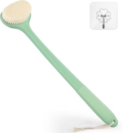 Famanu – Rugscrubber voor reinigen en exfoliëren, antislip handgreep, geschikt voor nat en droog gebruik, 43 cm, erwtengroen