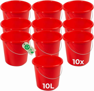 Novaliv 10 stuks emmer 10L rood met maatverdeling - schoonmaak emmer 10 liter? 28,5 cm Praktische alleskunner met schaalverdeling voor huishouden & tuin ideaal als huishoudemmer, wateremmer, dweilemmer, emmer