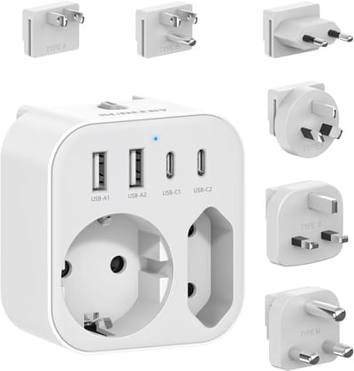 SnelShoppen - Universele Reisadapter met 4 USB-poorten, 6 Internationale Adapters voor VS, UK, EU, AUS, Japan, Zuid-Afrika - Ideaal voor Reizen, Campi