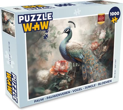 Puzzel Pauw - Pauwenveren - Vogel - Jungle - Bloemen - Legpuzzel - Puzzel 1000 stukjes volwassenen