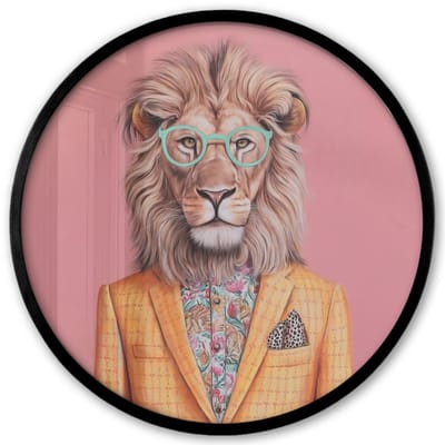 Poster in lijst Rond - Fotolijst 40x40 cm - Posters - Leeuw - Pak - Geruit - Bril - Ronde posterlijst zwart - Decoratie - Wanddecoratie woonkamer - Muurdecoratie slaapkamer