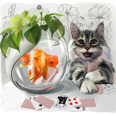 Diamond Cartoon Cat Play Card Goudvis volledige ronde Diamond schilderij Cross Stitch Diamond borduurwerk 30x30CM