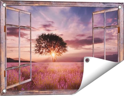 Gards Tuinposter Doorkijk Bloemenveld met Lavendel bij Zonsondergang - 60x40 cm - Tuindoek - Tuindecoratie - Wanddecoratie buiten - Tuinschilderij