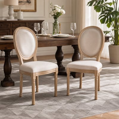 Eetkamerstoel - Set van 2 - Eetkamerstoelen - Eettafelstoel - Keukenstoel - Met rugleuning - Linnen - Franse stijl - Beige