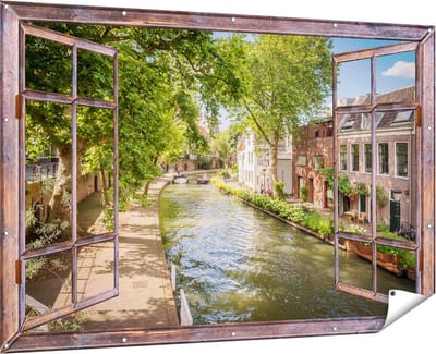 Gards Tuinposter Doorkijk Oudegracht in Utrecht - 180x120 cm - Tuindoek - Tuindecoratie - Wanddecoratie buiten - Tuinschilderij