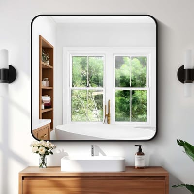 Badkamer Spiegel - Wandspiegel Vierkant - Interieur Decoratie - Afgeronde Hoeken - 96 x 96 cm - Zwart
