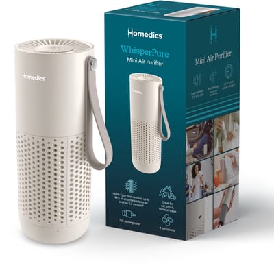 Homedics WhisperPure Mini Luchtreiniger Draadloos - HEPA en Koolstof Filter - Tot 8 uur Batterijduur - Draagbare Air Purifier voor Auto en Thuis - Stil 17-34 dB - Met Olietray - 3 Ventilatiestanden - Wit