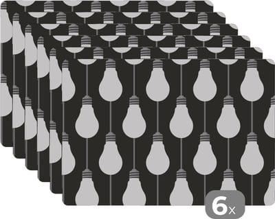 Placemat - Placemats kunststof - Gloeilampen - Licht - Patronen - 45x30 cm - 6 stuks - Hittebestendig - Anti-Slip - Onderlegger - Afneembaar