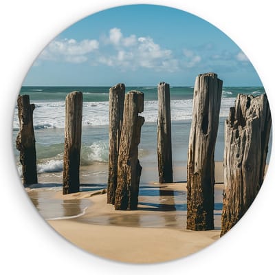 Saammp - Muurcirkel Hout - Strand - Palen in de zee - Ø 90 - Wandcirkel - Wanddecoratie Cirkel - muurdecoratie Woonkamer - Slaapkamer decoratie - Rond Schilderij