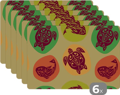 Placemat - Placemats kunststof - Schildpad - Vissen - Maori - Patroon - 45x30 cm - 6 stuks - Hittebestendig - Anti-Slip - Onderlegger - Afneembaar