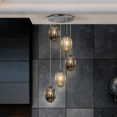 Schuller Valencia Ovila hanglamp, 5-lamps, rookgrijs/cognac, metaal, glas