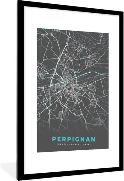 Fotolijst incl. Poster - Kaart - Stadskaart - Plattegrond - Frankrijk - Perpignan - 60x90 cm - Posterlijst