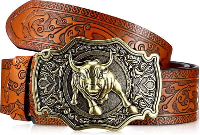 Leren Cowboyriem met Bloemmotief en Longhorn Stier Gesp voor Mannen, 1.5 Inch Breed, Perfect voor Casual en Western Stijl