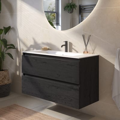 Saqu Gaia badmeubel incl. mat witte keramische wastafel 100x46x61cm eiken zwart – zwarte greeplijst