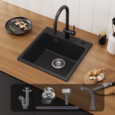 CECIPA max Spoelbak Met Kraangat - 45x45cm Spoelbak Keuken - Graniet Spoelbak Incl. Sifon Antraciet - Enkele spoelbak - Spoelbakken met afdruip - Antraciet