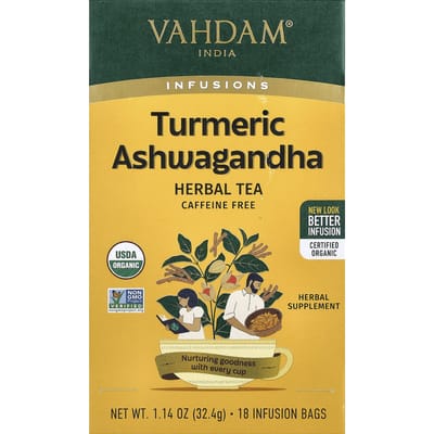 VAHDAM India, Infusies, Kurkuma Ashwagandha, Cafeïnevrij, 18 Infusiezakjes, 32,4g (1,14 oz)