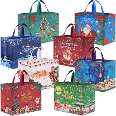 Grote Herbruikbare Kerstcadeautassen, 30x22x16cm, Met Handvatten voor Feestdagen, Kerstdecoraties en Nieuwjaarsvieringen - 8 Stuks