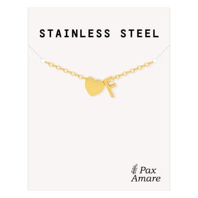 Letter F Armband Goudkleurig - Stainless Steel - Initiaal & Hartje Hanger - Initialen Armband op Cadeau Kaartje - Pax Amare - 15,5cm + 5cm verstelbaar