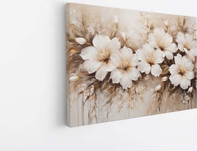 Saammp Canvas Schilderij - Witte Bloemen - Beige - Abstract - 30x20 - Foto op canvas - Wanddecoratie - Muurdecoratie Woonkamer - Kantoor Decoratie