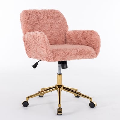 Roze Pluizige Bureaustoel - In Hoogte Verstelbare Draaistoel - Met Armleuningen - Gouden Onderstel - Roze Make-up Stoel Voor Slaapkamer - 61x60x90cm - Roze