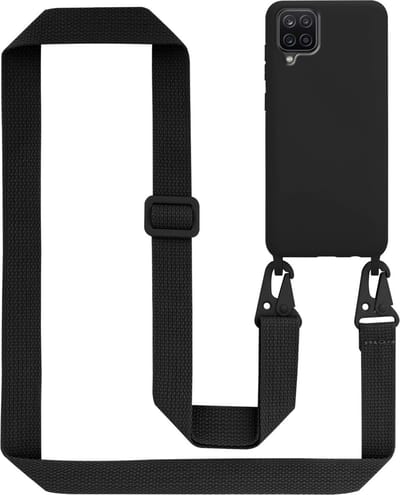 Cadorabo Mobiele telefoon ketting geschikt voor Samsung Galaxy A12 / M12 in LIQUID ZWART - Silicone beschermhoes met lengte verstelbare koord riem