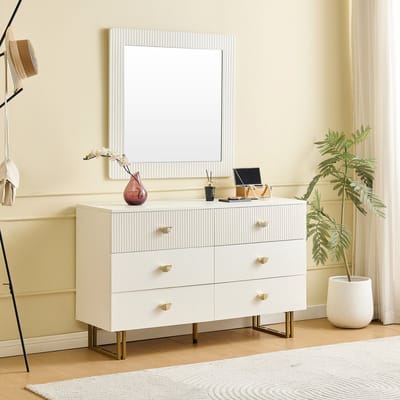 HAUSS SPOLE Dressoir - Wit Modern Met 6 Lades En Gouden Grepen - MDF - 120x40x75 cm - Met Spiegel 80x80 cm - Voor Hal Slaapkamer Woonkamer