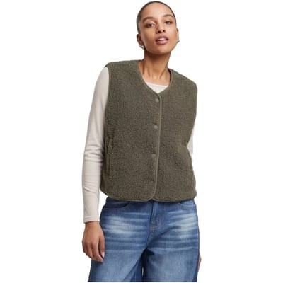 Urban Classics - Buttoned Teddy Mouwloos jacket - XS - Olijfgroen