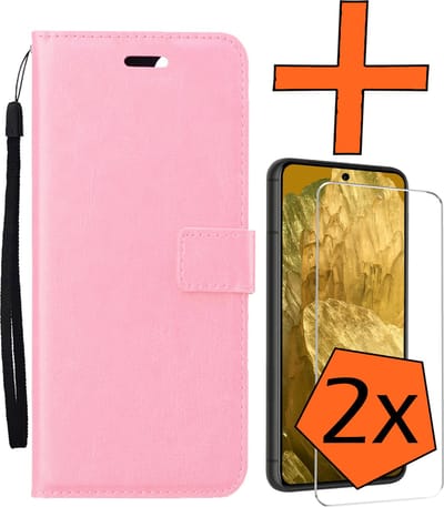 Hoes - Met 2x Screenprotector - Geschikt voor Google Pixel 8a - Luxe Pasjeshouder - Bookcase Portemonee - Flip Case - Kunstleer Book Case - Flipcase Hoes - Book Cover - Walletcase - PortemonneeHoes - Lichtroze