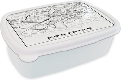 Broodtrommel Wit - Lunchbox - Brooddoos - Stadskaart – Zwart Wit - Kaart – Kortrijk – België – Plattegrond - 18x12x6 cm - Volwassenen