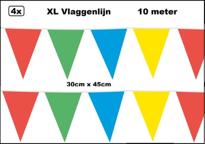40 meter XL Vlaggenlijn multi kleur 30cm x 45cm – 4x vlaggenlijn multi 10 meter - Giga vlaglijn themafeest party festival