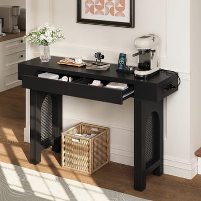Consoletafel - Laden en Stopcontacten - Rasterdesign en Verstelbare Voetjes - MDF - Zwart