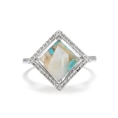 Cavill - Zilveren ring - 925 Sterling Zilver - Turquoise mozaïek 1,45 ct en witte topaas 0,4 ct - Elegante damesring met cabochon carré edelsteen