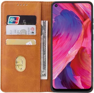 Smartphonica Oppo A74 5G leren hoesje met magnetische sluiting en pashouders book case – Bruin geschikt voor Oppo A74 5G