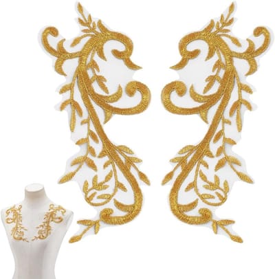 Gouden Bloem Borduurpatch, Gouden Kant Applicatie voor Bruidsjurk Versiering, Herstel van Kleding en Accessoires zoals Rugzakken en Caps, 24.5 x 9.5cm