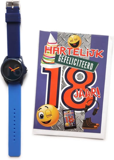 Wenskaart Hartelijk Gefeliciteerd 18 Jaar! + Verjaardag Horloge 18 jaar - HOR-18-BLAUW