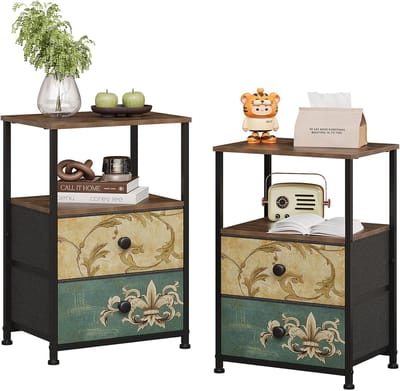 set van 2 commodes met 2 laden en open rek, commodekast, Boheemse kaptafel, opbergkast, nachtkastje, bijzettafel voor woonkamer slaapkamer, stabiel stalen frame
