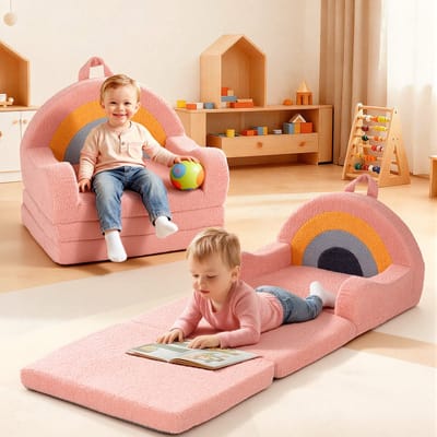 2-in-1 Kinderbank en Kinderfauteuil – Opvouwbare Speelbank met Regenboog, Voor Jongens en Meisjes, 120×50 cm