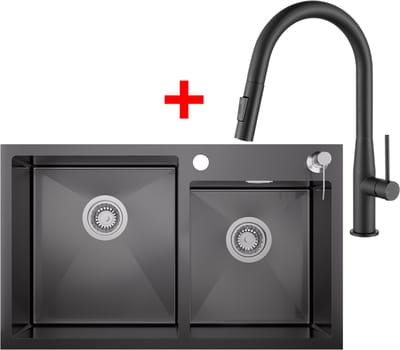 Auralum max Dubbele Spoelbak (75x45cm) Antraciet - Spoelbak Keuken Met Keukenkraan met Uittrekbare Uitloop - Duurzaam, Veelzijdig en Geluiddempend - Met zeepdispenser 300ml en Waterafvoersysteem
