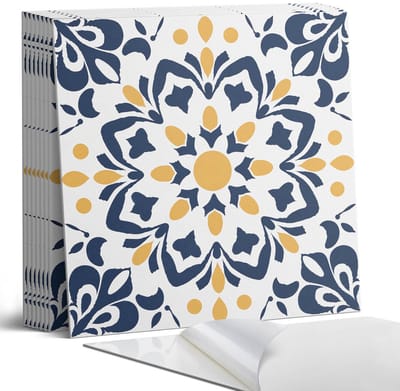 Coloray Plaktegels - Bloemenmandala patroon Portugese Tegels - 30 cm x 30 cm - Geel Plaktegels - 9 stuks - Vierkant PVC Tegels - Plaktegels Keuken - Zelfklevende Vloertegels - Vinyl Tegels - Zelfklevende Tegels