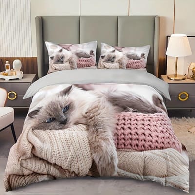 Lazy Cat Dieren Dekbedovertrek Set (1 Dekbedovertrek+2 Kussenslopen Zonder Kussenvulling) Zacht Comfortabel HD-Print Beddengoed Voor Thuis 135X200cm gray