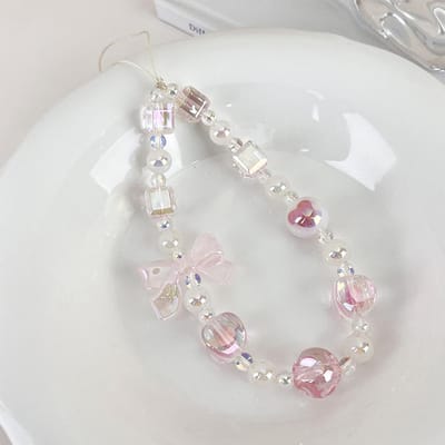 Zoete Schattige Snoep Strik Kralen Mobiele Telefoon Ketting Bedel Vrouwen Tas Tas Mobiele Telefoon Hoes Anti-verlies Lanyard Sieraden roze