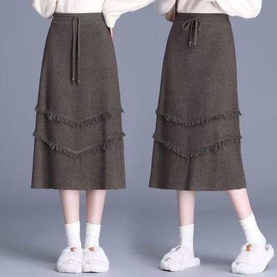 Jupe Midi Tricot Épais à Franges Hiver Taille Haute, Jupe Laine Mi-Longue 3xl grise
