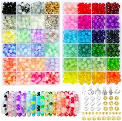 Famanu – Glaskralen set 1100 stuks – 8 mm kralen in 46 kleuren – Kristal/imitatie jade look voor armbanden en oorbellen