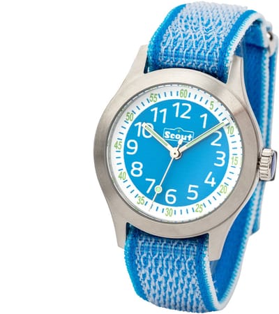 Scout Kinderuhr analog aus der Serie "Cool" mit hellblauem Textilband, Quarzwerk und Klettverschluss