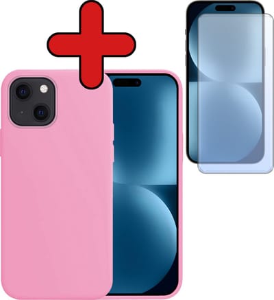 Hoesje - Met Screenprotector - Geschikt voor Apple iPhone 15 - Sterk & Shockproof - Telefoon Hoes - Back Cover - Siliconen Case - Telefoonhoes - Lichtroze