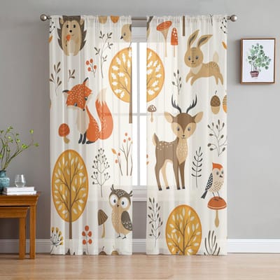 Herfstbos Cartoon Dier Uil Vos Hert Transparante Gordijnen voor Woonkamer Decoratie Raamgordijnen Keuken Tule Voile Gordijnen W135 x H115cm x1 white